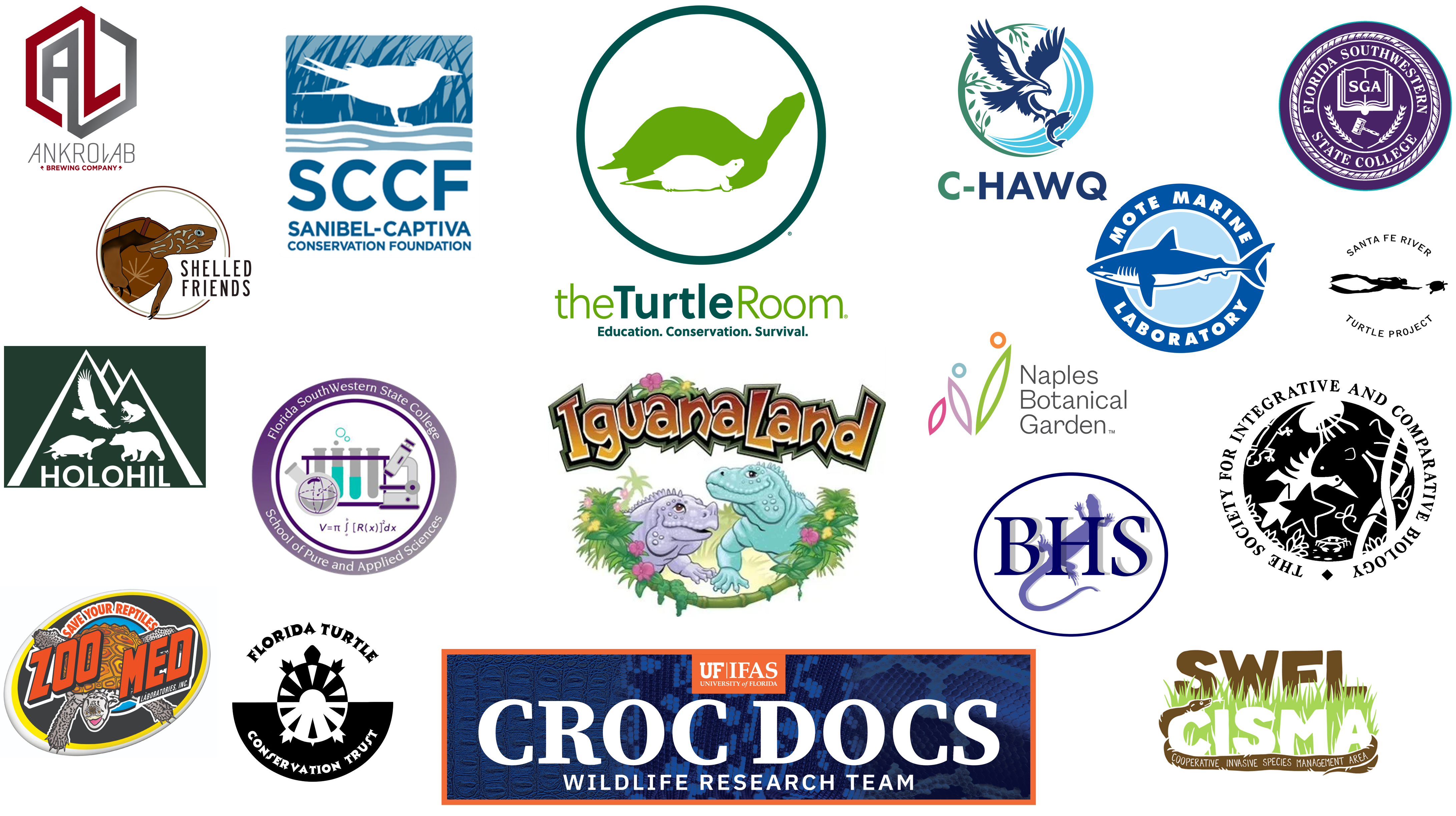 Logos of the 2026 Herpeton Conference sponsors and partners, including Ankrolab Brewing Company, Sanibel-Captiva Conservation Foundation, The Turtle Room, C-HAWQ, FSW Student Government Association, Shelled Friends, Mote Marine Laboratory, Holohil, FSW School of Pure and Applied Sciences, IguanaLand, Naples Botanical Garden, BHS, Society for Integrative and Comparative Biology, Zoo Med, Florida Turtle Conservation Trust, UF/IFAS Croc Docs Wildlife Research Team, and SWFL CISMA.