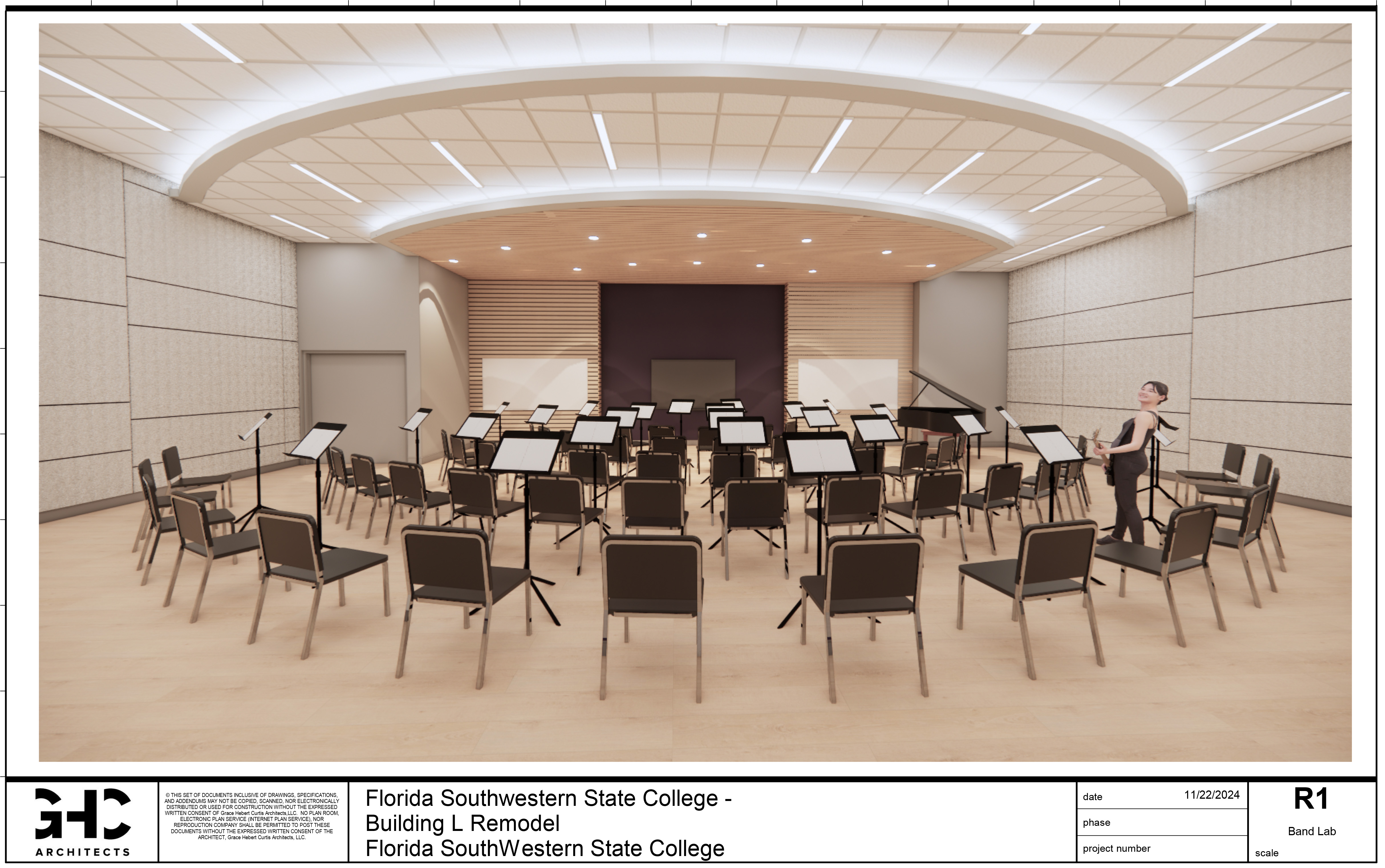 Rendering of the newly renovated band lab, designed for superior acoustic performance.