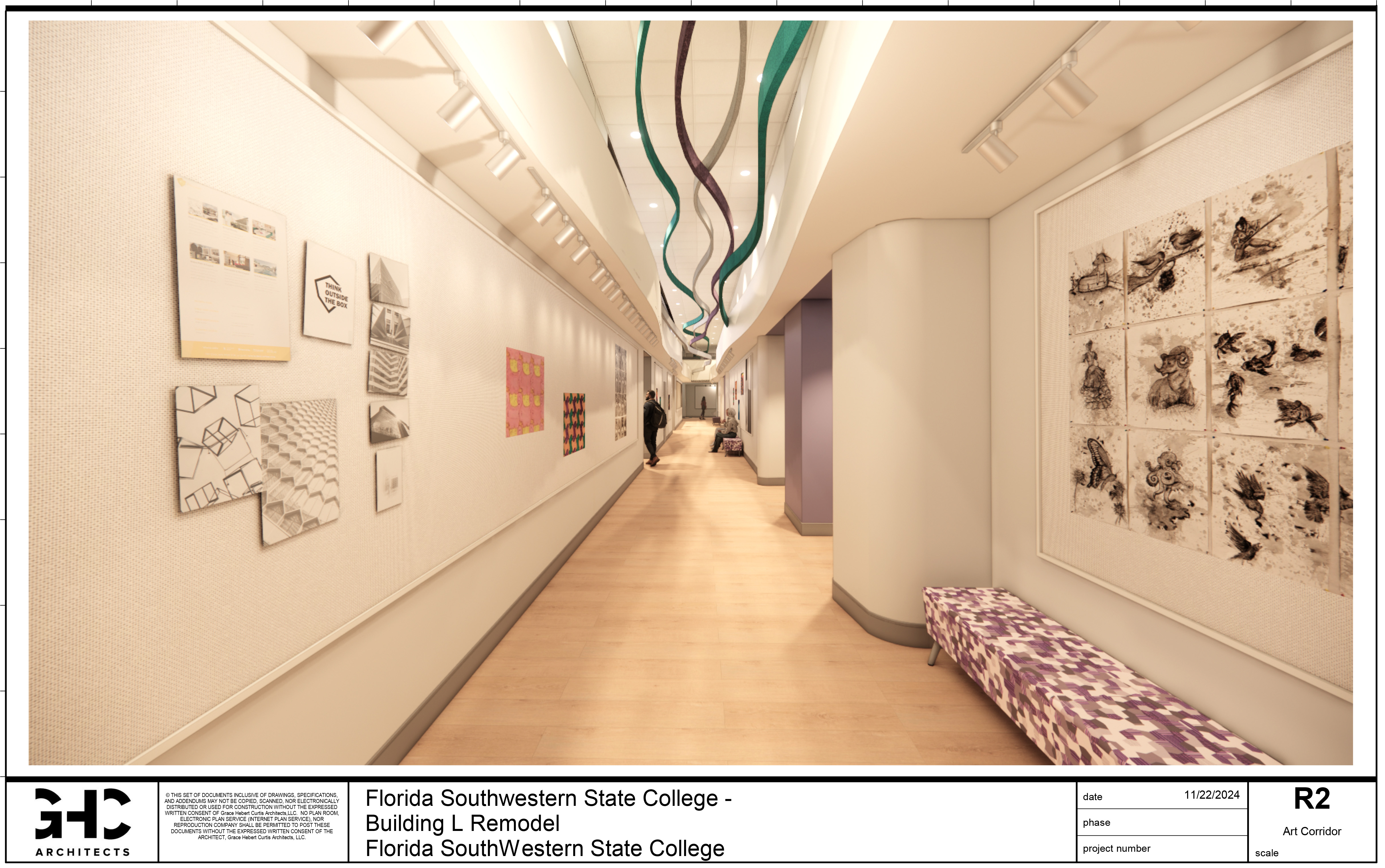 Rendering of the Arts Corridor, designed to showcase student artwork.