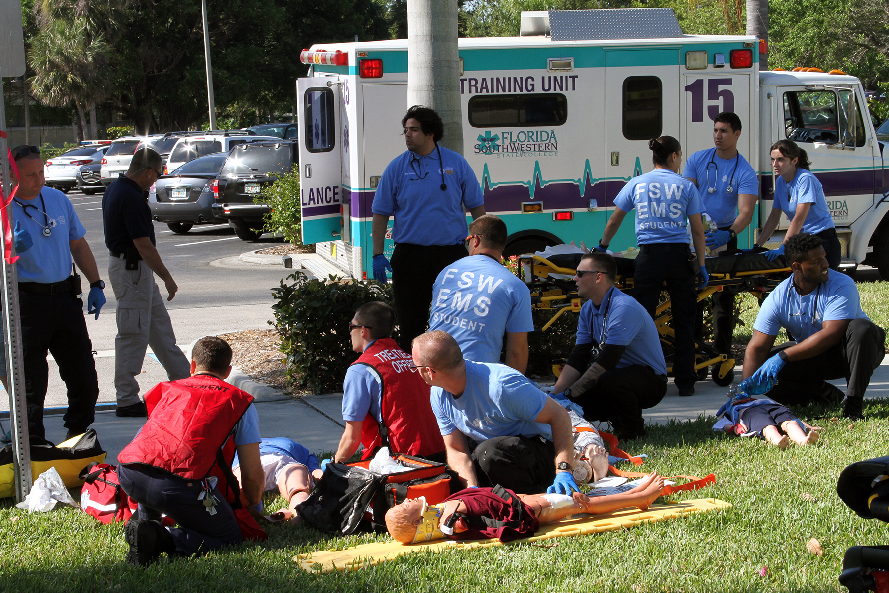 FSW EMS students respond to a mock emergency scene.