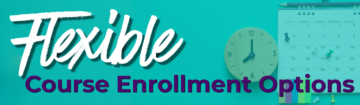 Illustration of a calendar and clock representing flexible course enrollment options.