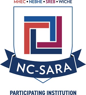 White shield logo featuring interlocking red, blue, and maroon geometric squares above a blue ribbon with NC-SARA in white lettering, topped by MHEC, NEBHE, SREB, and WICHE acronyms, and labeled Participating Institution below.
