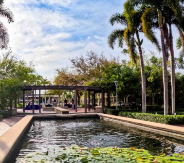 FSW Garden of Inspiration on a sunny day with palm trees.