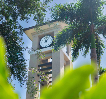 FSW clock tower from the Lee Campus flanked by trees and plants.