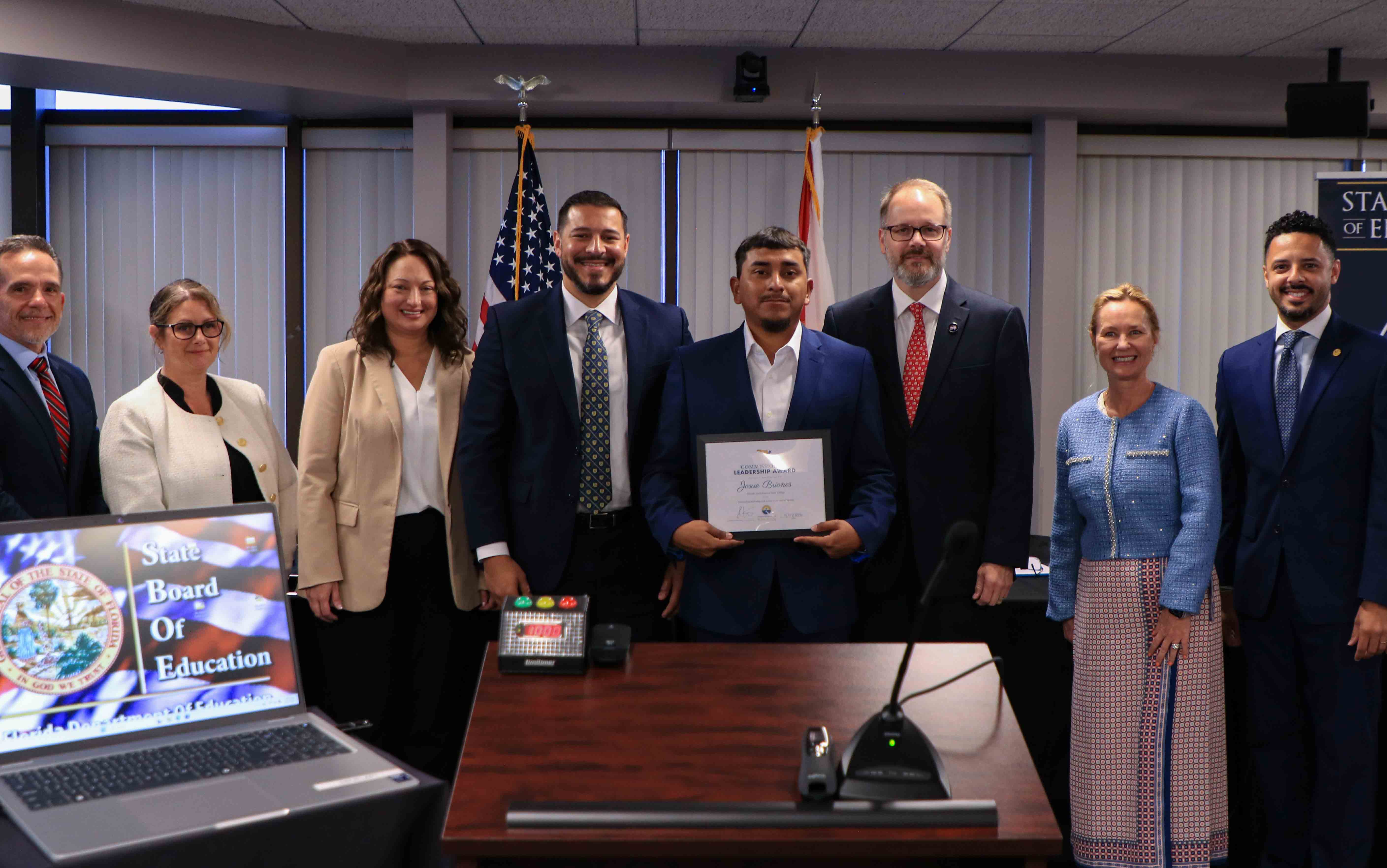 FSW student, Josue Briones, receives award from the members of the State Board of Education for his work helping FSW student veterans and vets create support and leadership opportunities during the fall and spring semesters.