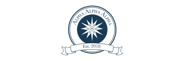 Circular navy blue logo featuring a white compass rose at center with text Alpha Alpha Alpha along the upper rim and Est 2018 on a banner below. The design is symmetrical with clean lines and minimalistic style against a white background.