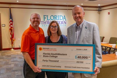 Jeffrey Kunberger, executive director of the Suncoast Credit Union Foundation; Dr. Geraldine Gallagher, vice president of Institutional Advancement and executive director of the FSW Foundation; and FSW President Dr. Jeff Allbritten.