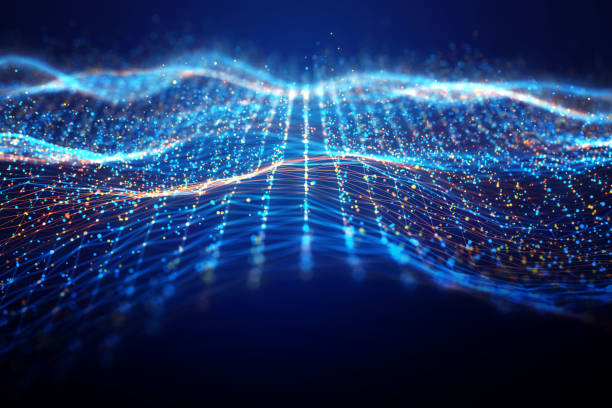 Abstract digital landscape of glowing particles forming dynamic waves on a blue background, representing data flow.