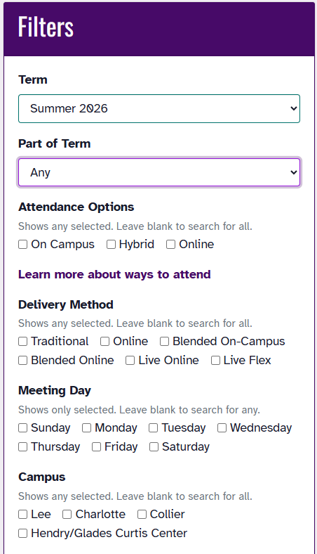 Screenshot of the FSW class schedule filter panel showing filters for Term, Part of Term, Attendance Options, Delivery Method, Meeting Day, and Campus. The Delivery Method options include Traditional, Online, Blended On-Campus, Blended Online, Live Online, and Live Flex.